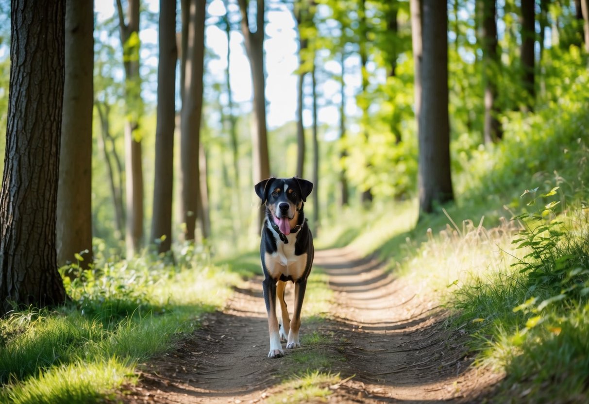 A 14-year-old dog walks along a peaceful forest trail, surrounded by tall trees and dappled sunlight filtering through the branches