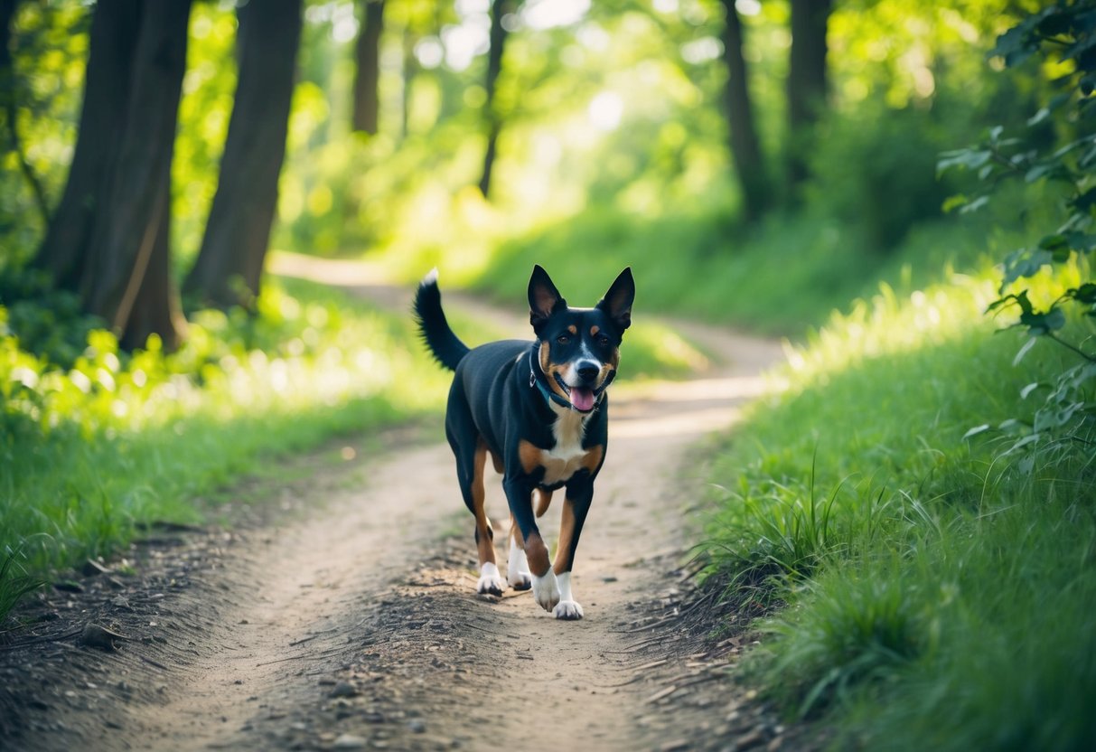 A dog walking on a dirt path through a lush green forest, with sunlight filtering through the trees and a small stream running alongside the trail