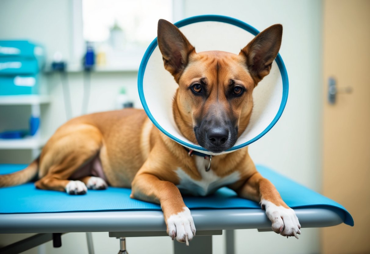 A male dog lays on a vet's table, looking sad. A cone around his neck, he licks a fresh incision from his recent neutering surgery