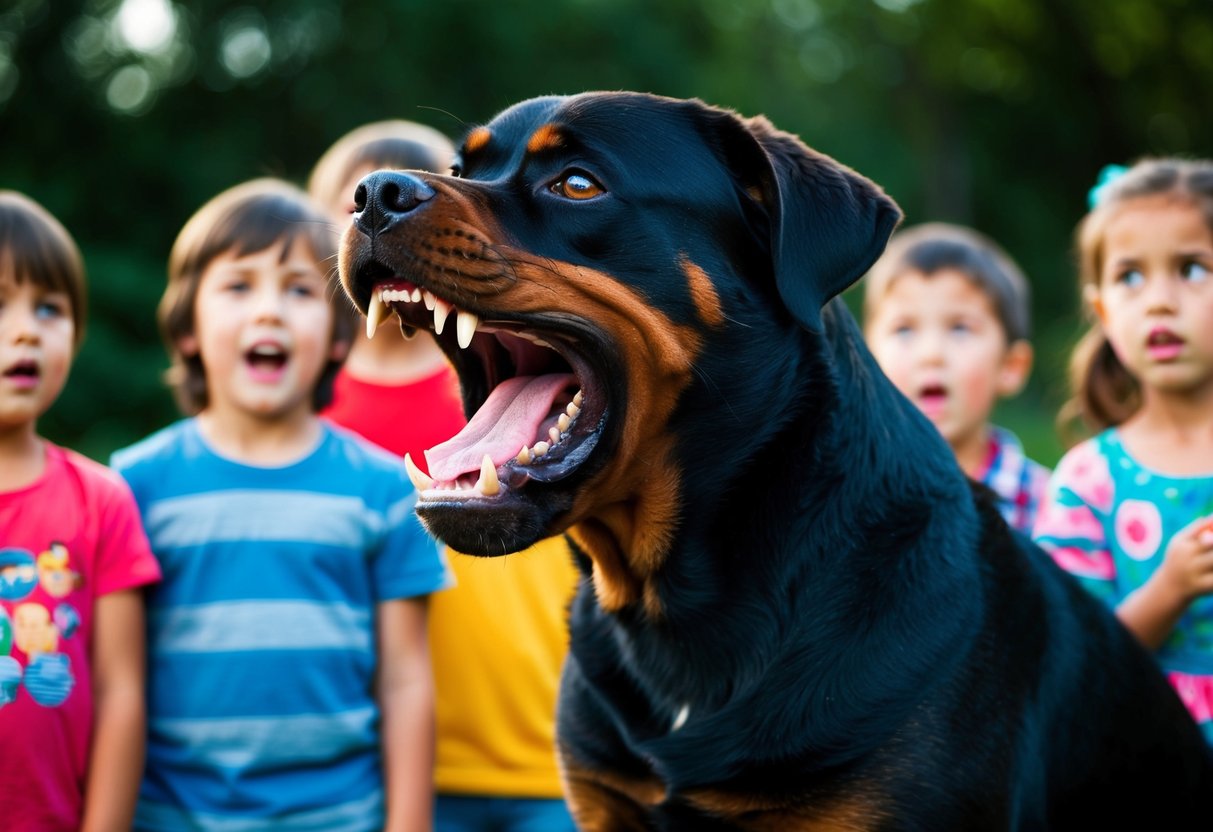 A snarling Rottweiler bares its teeth, growling at a group of frightened children