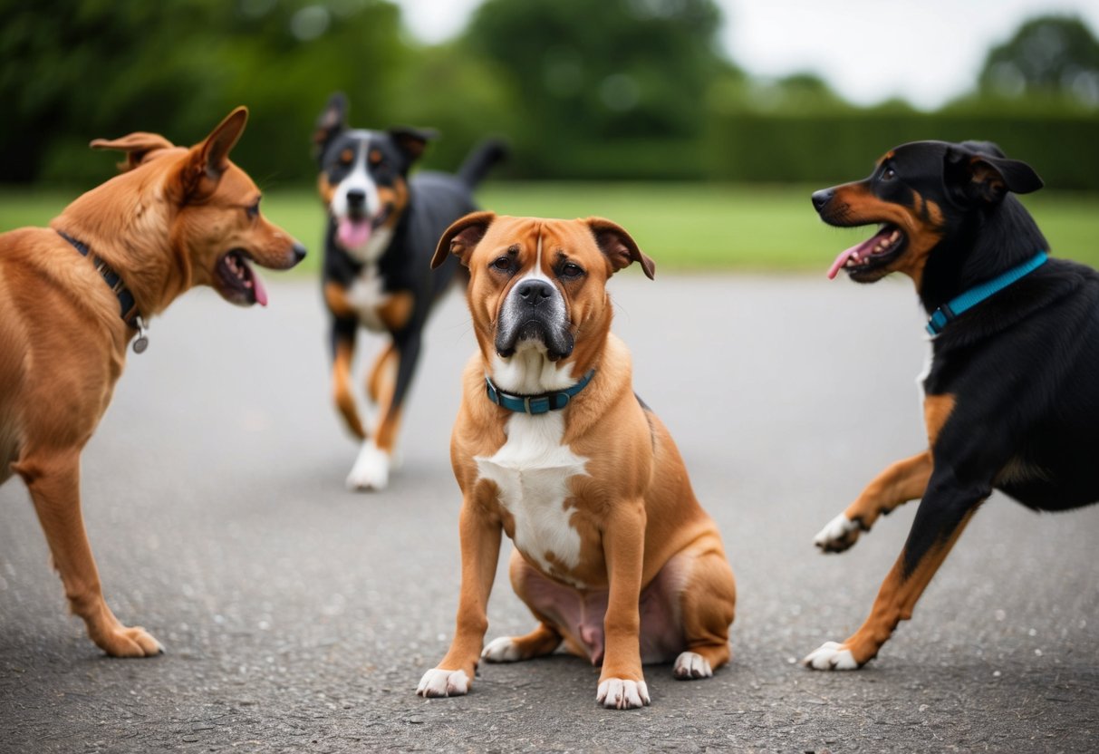 A sad-looking male dog sitting alone, surrounded by other dogs playing