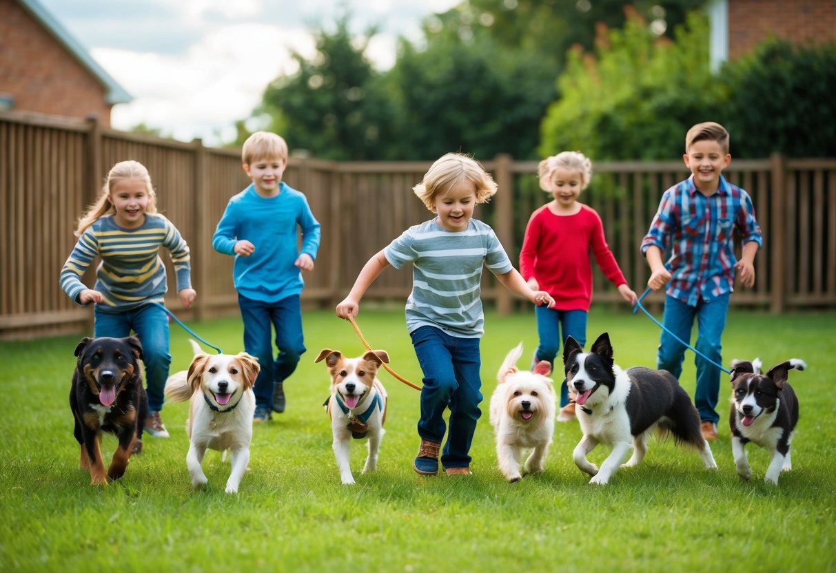 A group of children playing in a fenced yard with a variety of friendly, family-oriented dog breeds