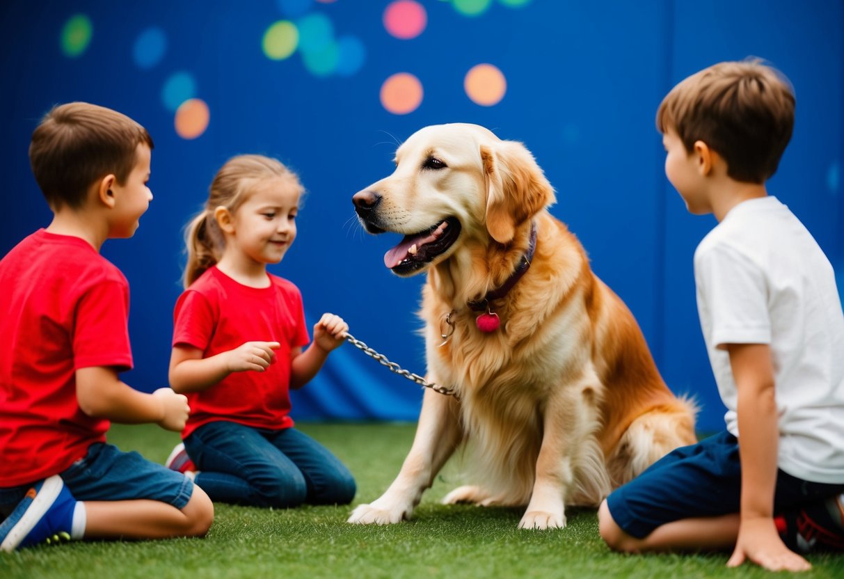 A playful golden retriever interacts calmly with children in a training session, demonstrating safe and friendly behavior