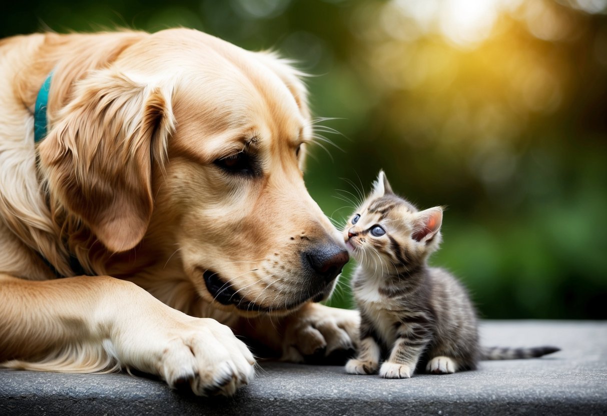 A golden retriever gently nuzzling a small, trembling kitten with a look of pure tenderness in its eyes