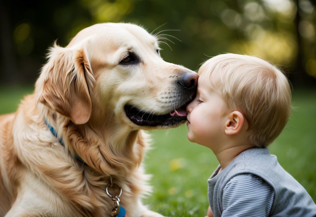 A golden retriever gently nuzzling a small child, with a soft and caring expression in its eyes