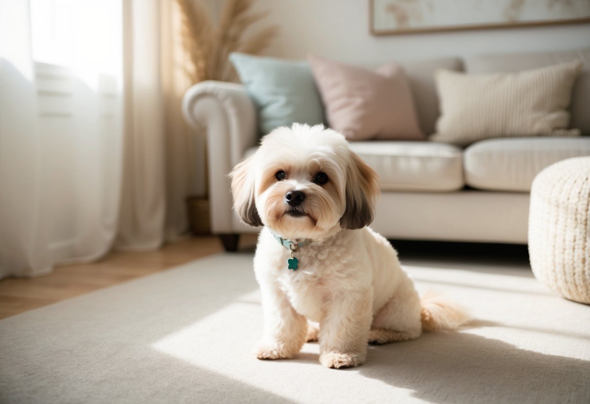 A small, fluffy Bichon Frise sits peacefully in a sunlit room, surrounded by tranquil decor and soft, neutral colors