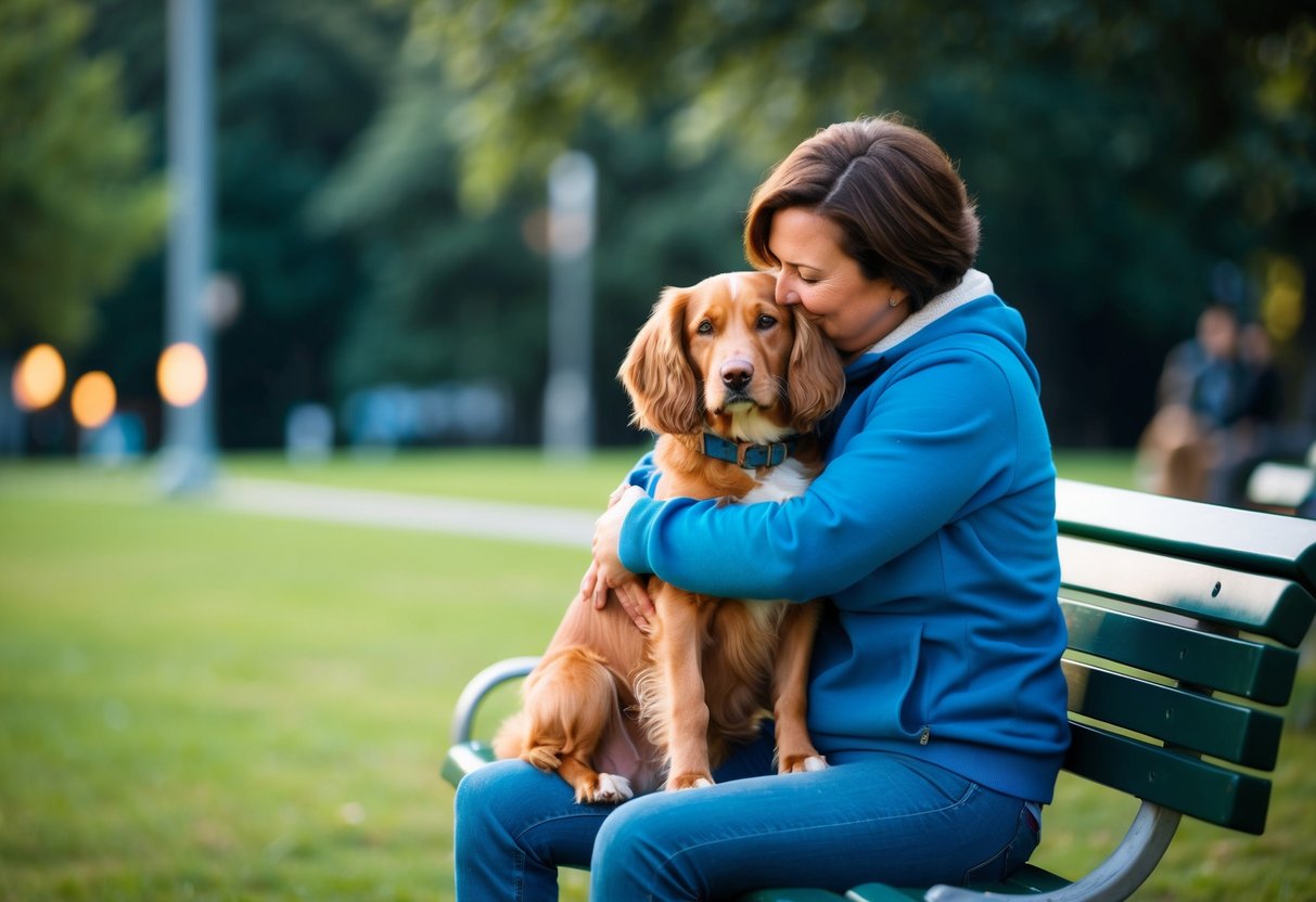 A person and their dog sitting on a park bench, the person hugging the dog tightly with a look of deep affection