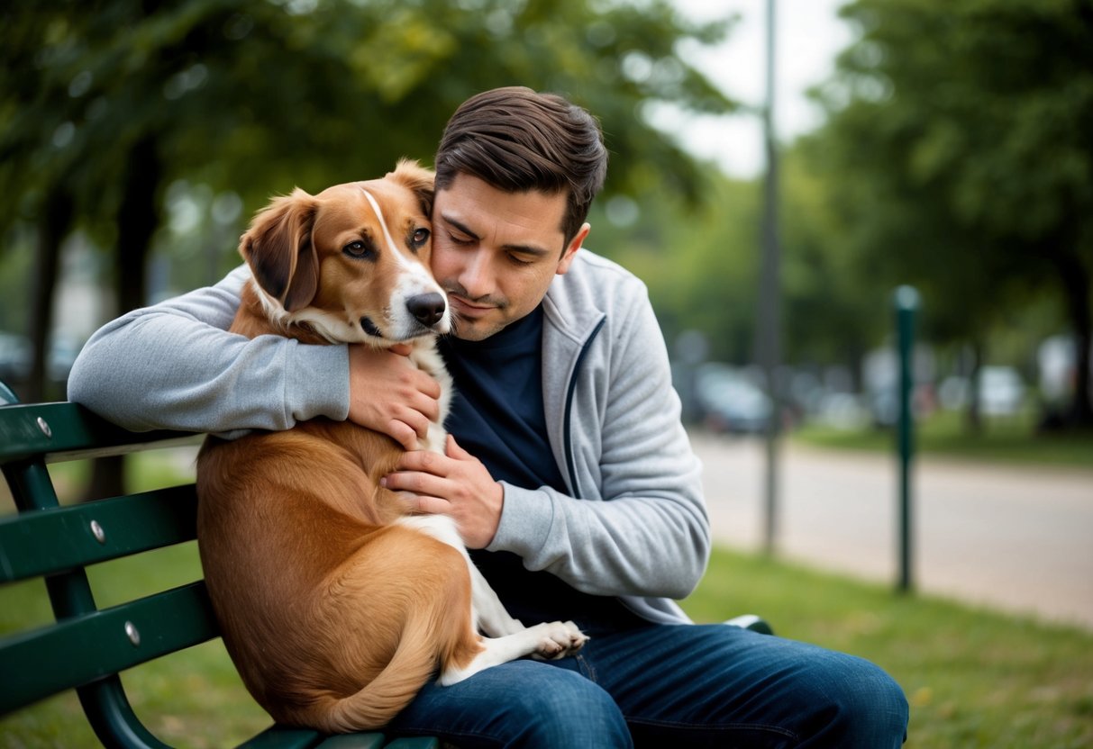 A person sitting on a park bench, hugging their dog tightly with a pensive expression on their face. The dog looks content and relaxed, leaning into the person's embrace
