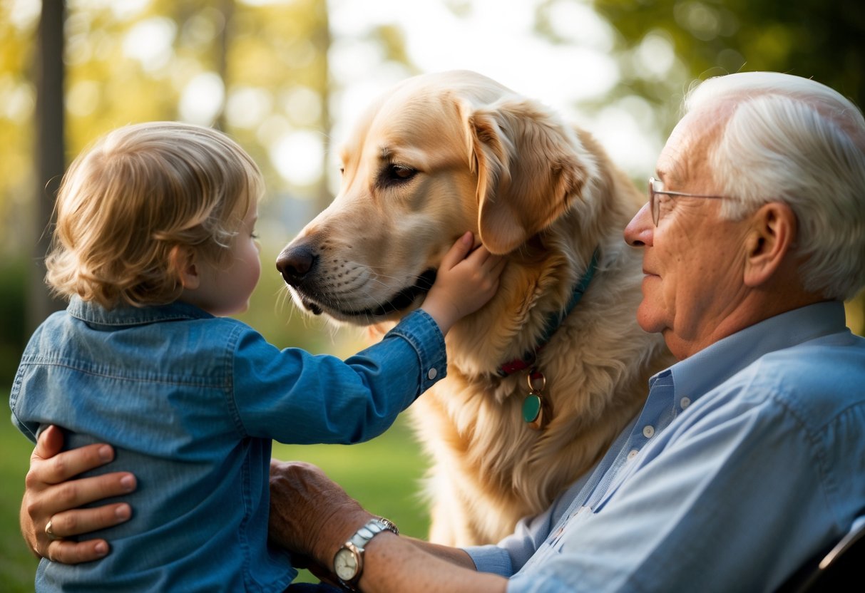 A golden retriever gently nuzzling a child, while a Labrador rests its head on an elderly person's lap