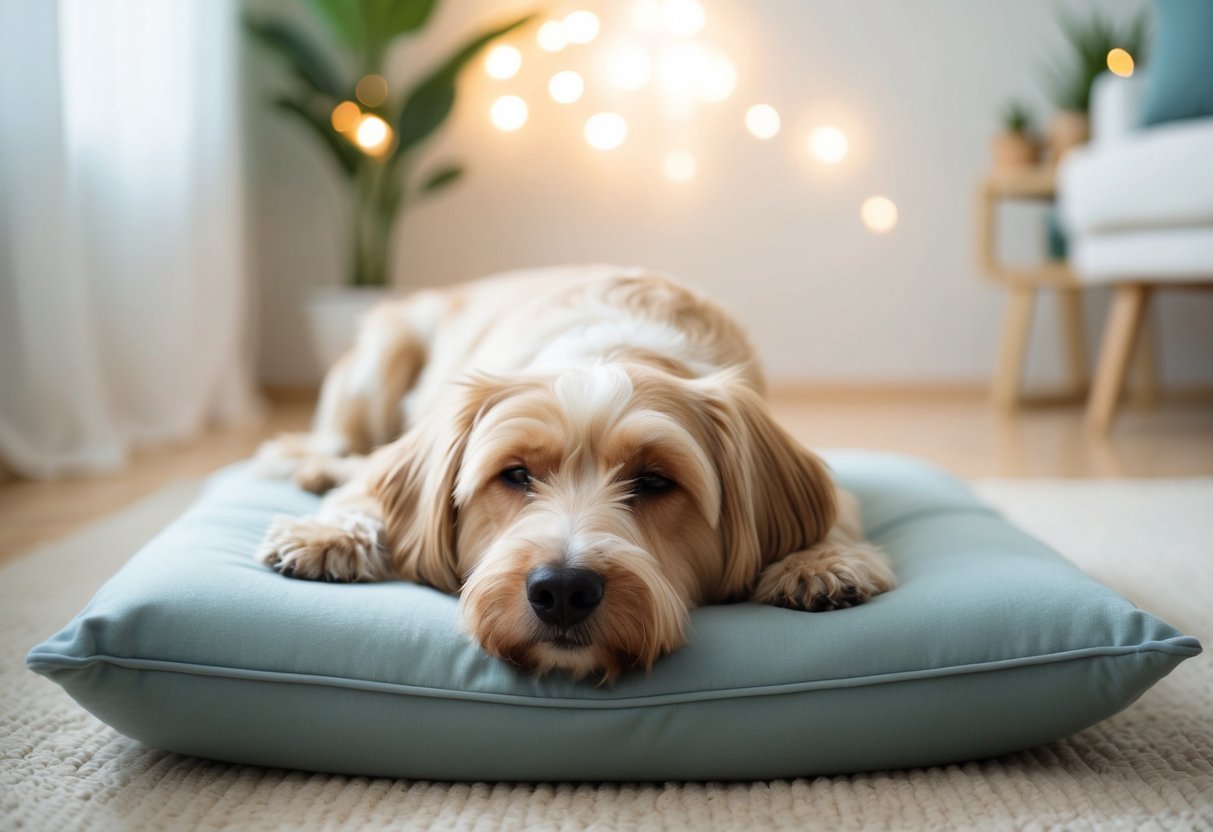 A serene, non-shedding dog lies peacefully on a cushion, surrounded by a tranquil environment with soft lighting and minimal clutter
