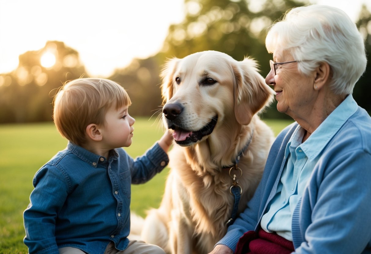 A golden retriever gently nuzzling a small child, while a therapy dog calmly sits beside an elderly person