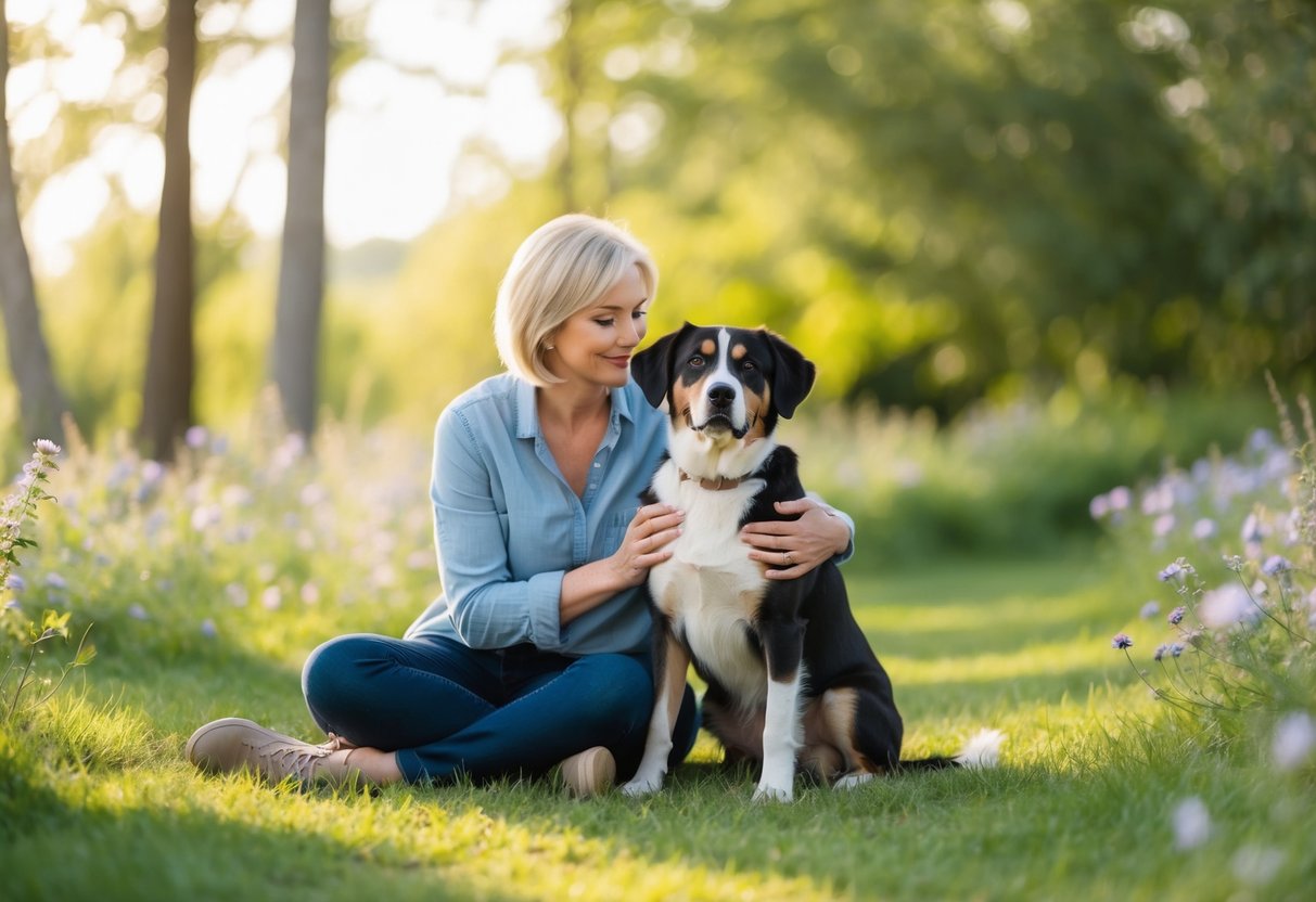 A person and their dog sitting together in a peaceful, natural setting, surrounded by calming elements such as trees, flowers, and gentle sunlight