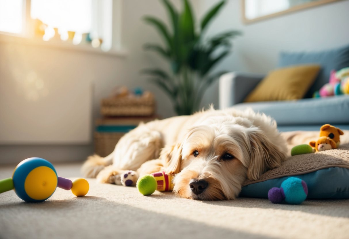 A serene, non-shedding dog lies peacefully in a sunlit room, surrounded by toys and a cozy bed