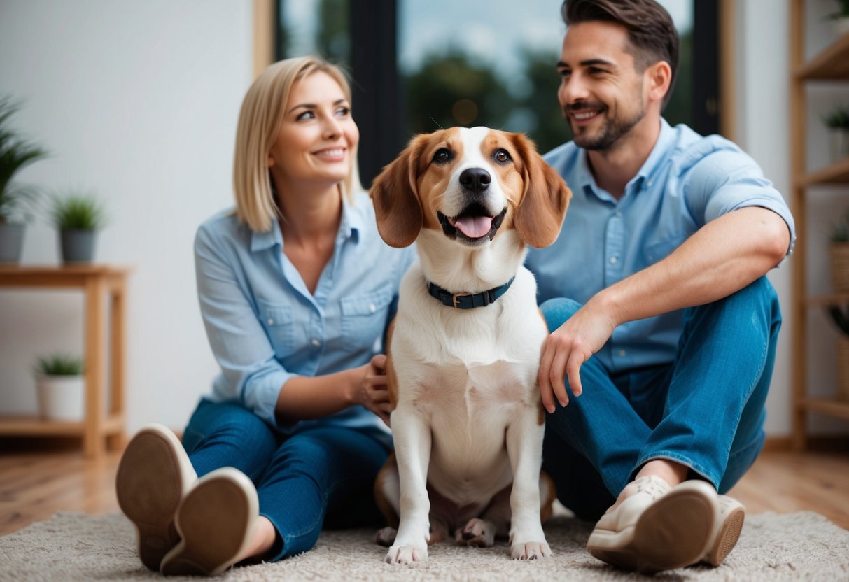 A dog sitting at the feet of its owner, looking up with adoring eyes as the owner gazes back with a smile