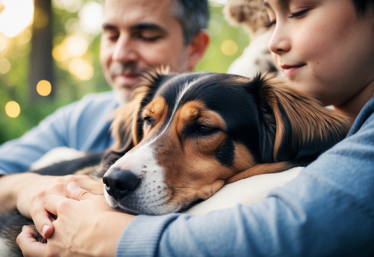 A serene, non-shedding dog peacefully resting by a family, exuding a sense of calm and comfort
