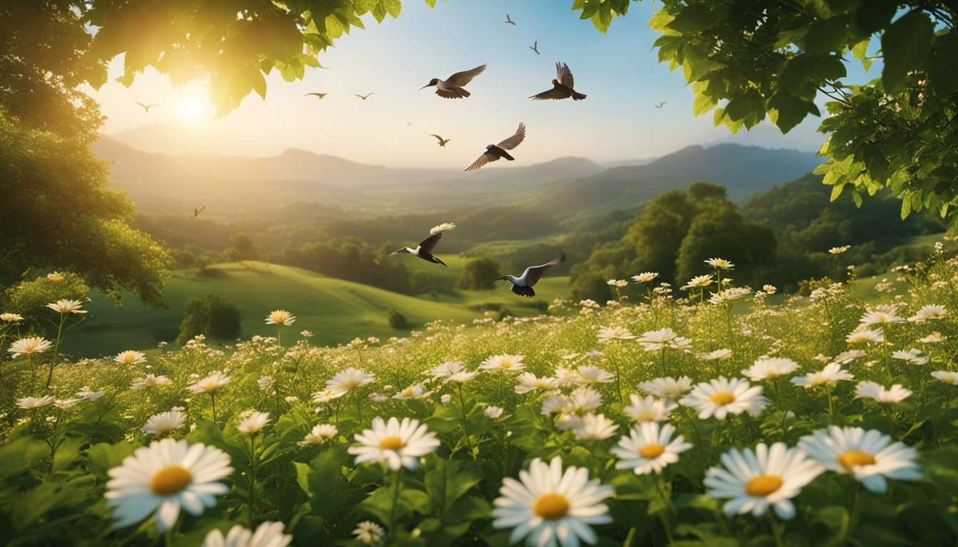 A serene nature scene with a sunrise or sunset, surrounded by lush greenery and blooming flowers, with birds flying in the sky