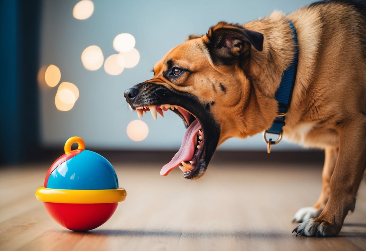 A snarling, aggressive dog baring its teeth and growling at a child's toy