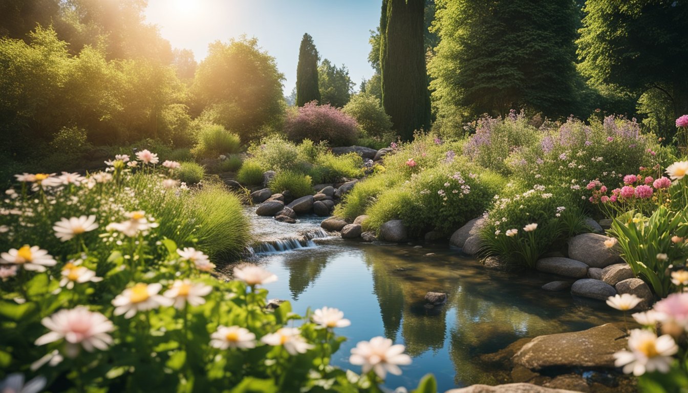 A serene garden with blooming flowers, a flowing stream, and a clear blue sky, evoking a sense of peace and gratitude