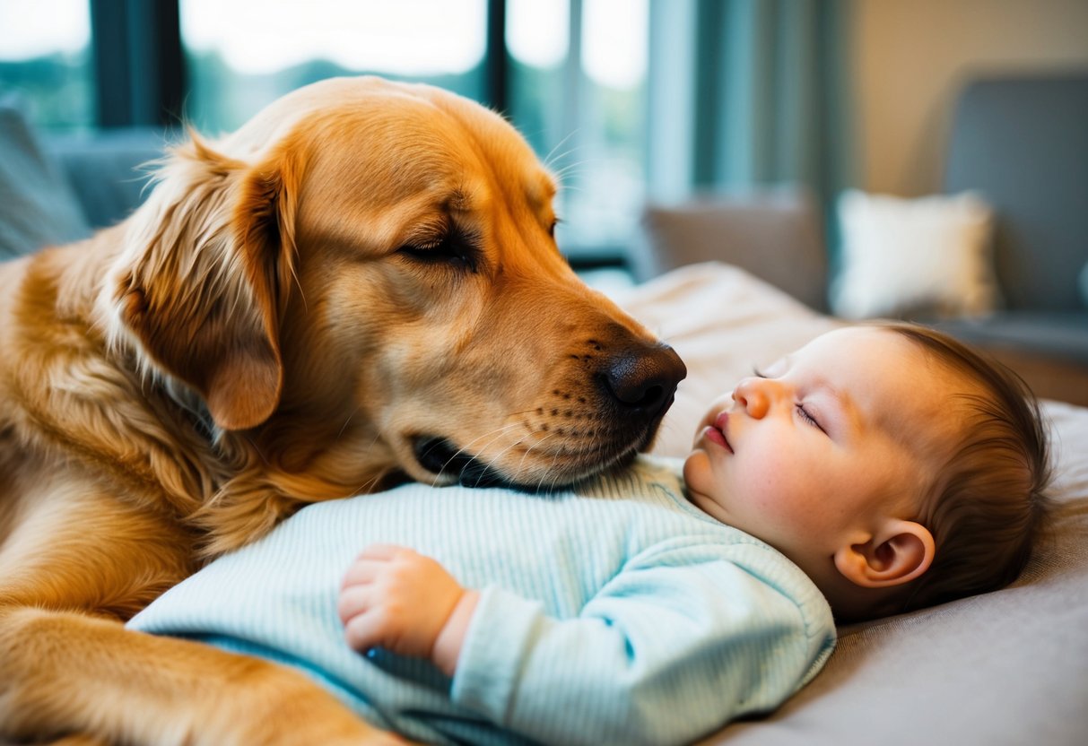 A golden retriever nuzzles a sleeping baby, with a soft expression and wagging tail