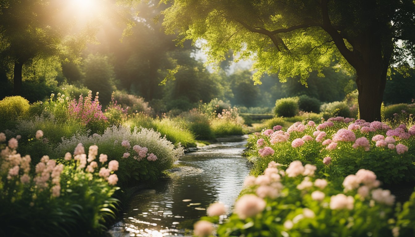 A serene garden with blooming flowers and a gentle stream, surrounded by lush greenery and bathed in warm sunlight