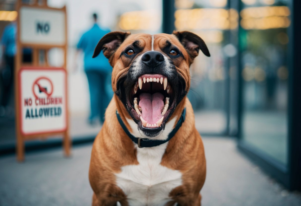 A snarling, teeth-baring dog stands in front of a "No Children Allowed" sign, with a growling expression and raised hackles