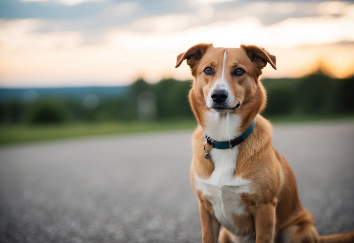 A dog sits, staring with unblinking eyes, head tilted slightly, ears perked forward, and tail wagging gently