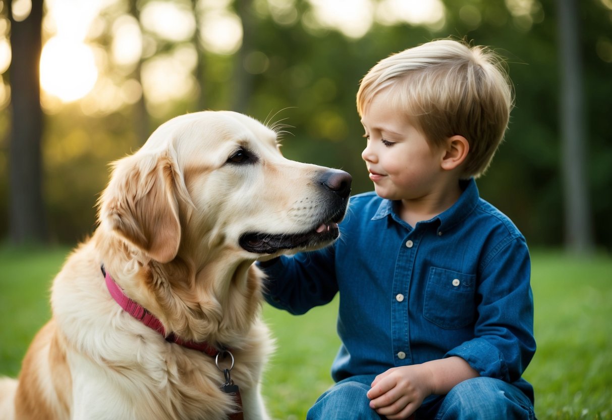 A golden retriever calmly sitting beside a child, gently nuzzling their hand