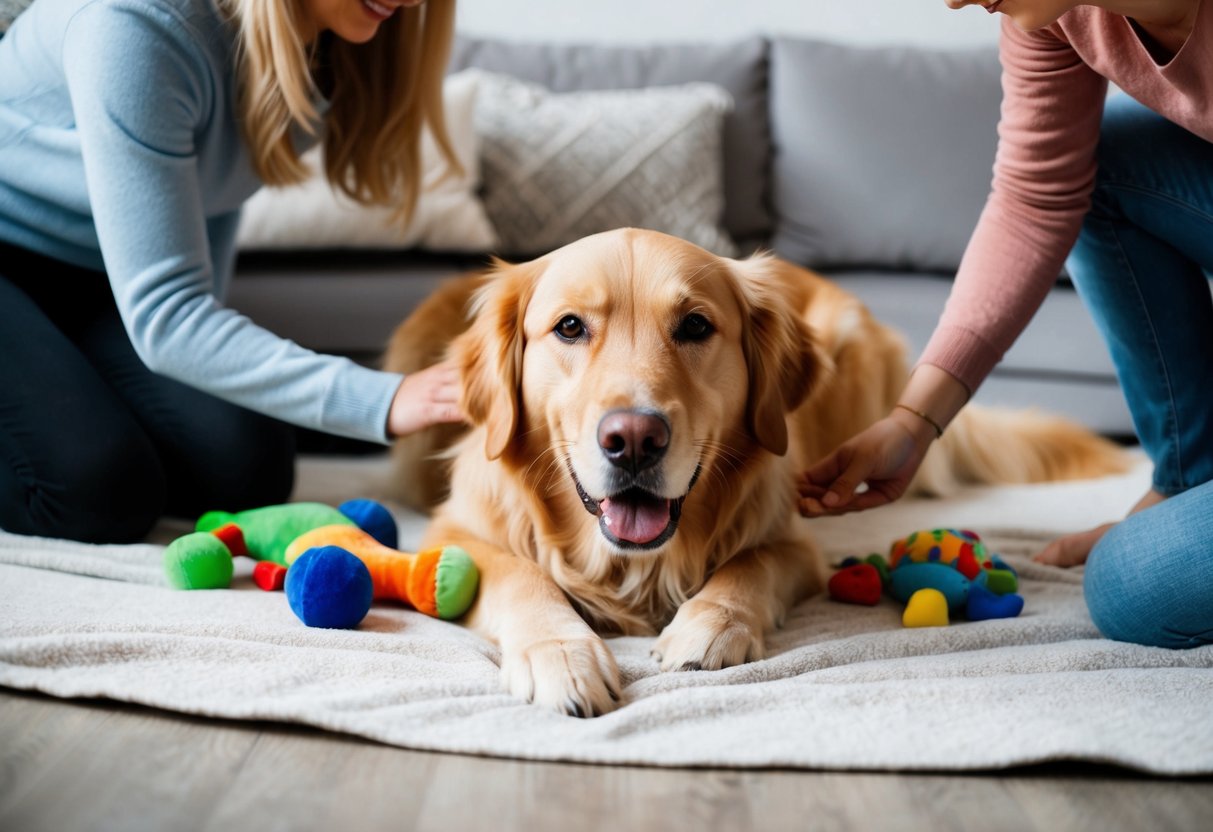 A golden retriever laying calmly on a soft blanket, surrounded by toys and receiving gentle pets from its owner