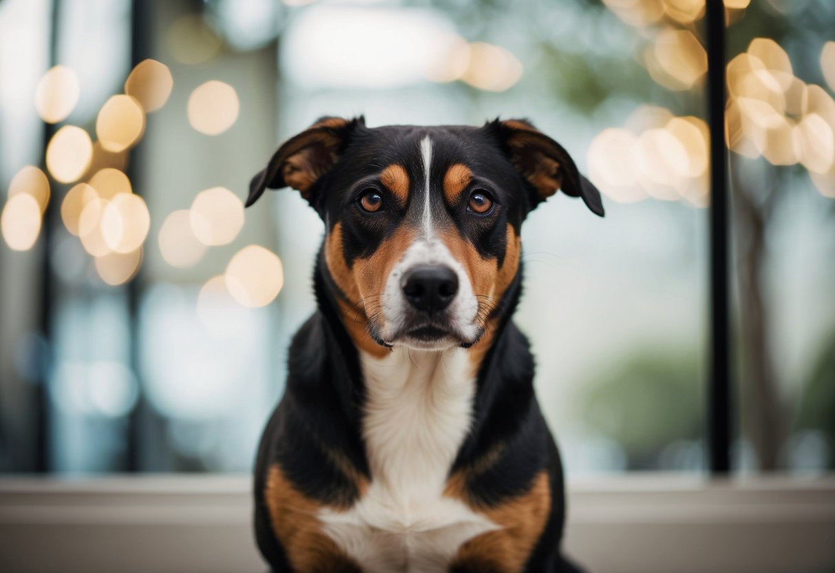 A dog sits with a steady, unwavering gaze, fixated on a point with alert intensity