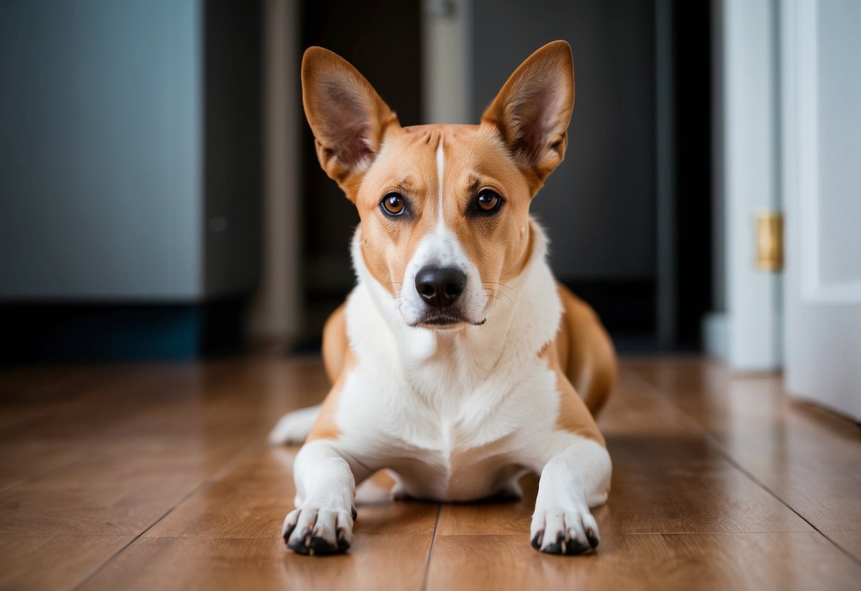 A dog sitting on the floor, gazing directly at the viewer with unwavering eyes, its body relaxed and ears perked up