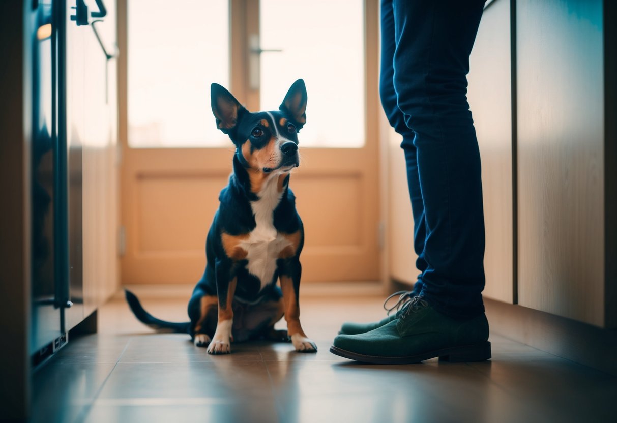 A dog sitting on the floor, gazing up at someone with unwavering eye contact, its tail still and ears perked up in anticipation