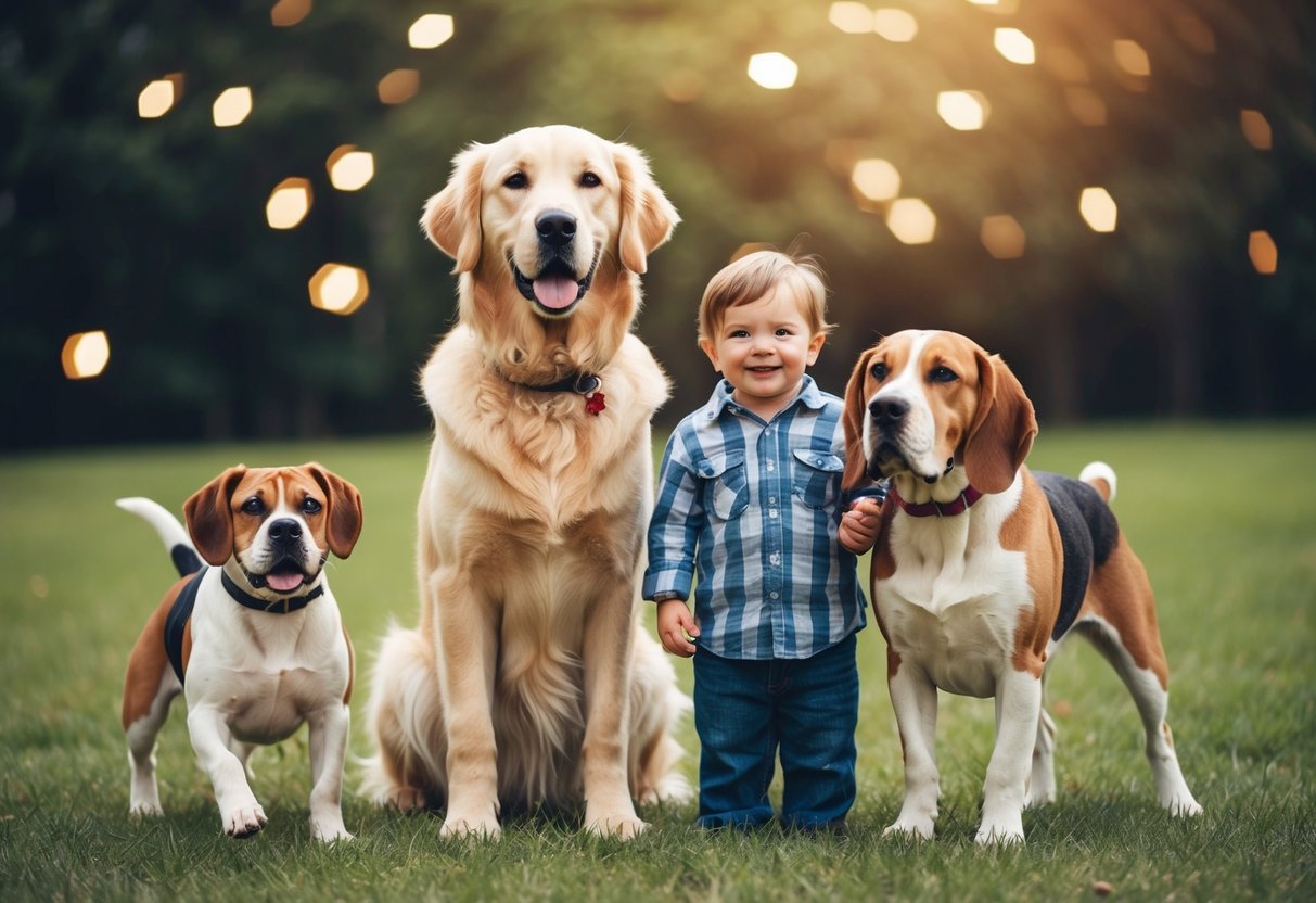 A golden retriever stands protectively beside a smiling child, while a playful beagle and a gentle bulldog frolic nearby