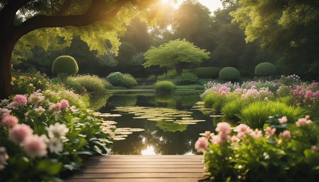 A serene garden with a peaceful pond surrounded by lush greenery and blooming flowers, with the sun casting a warm glow on the tranquil scene