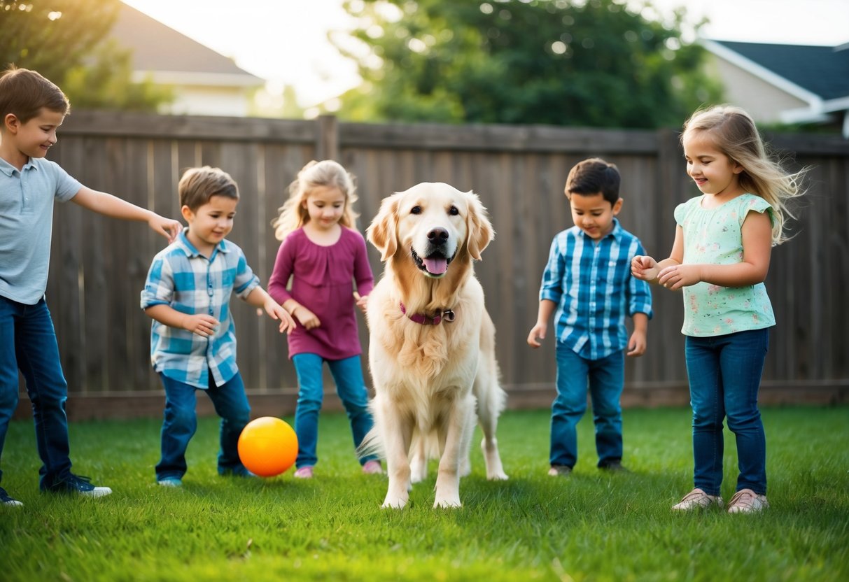 A golden retriever stands calmly among a group of children playing in a fenced backyard, exuding a sense of trust and safety