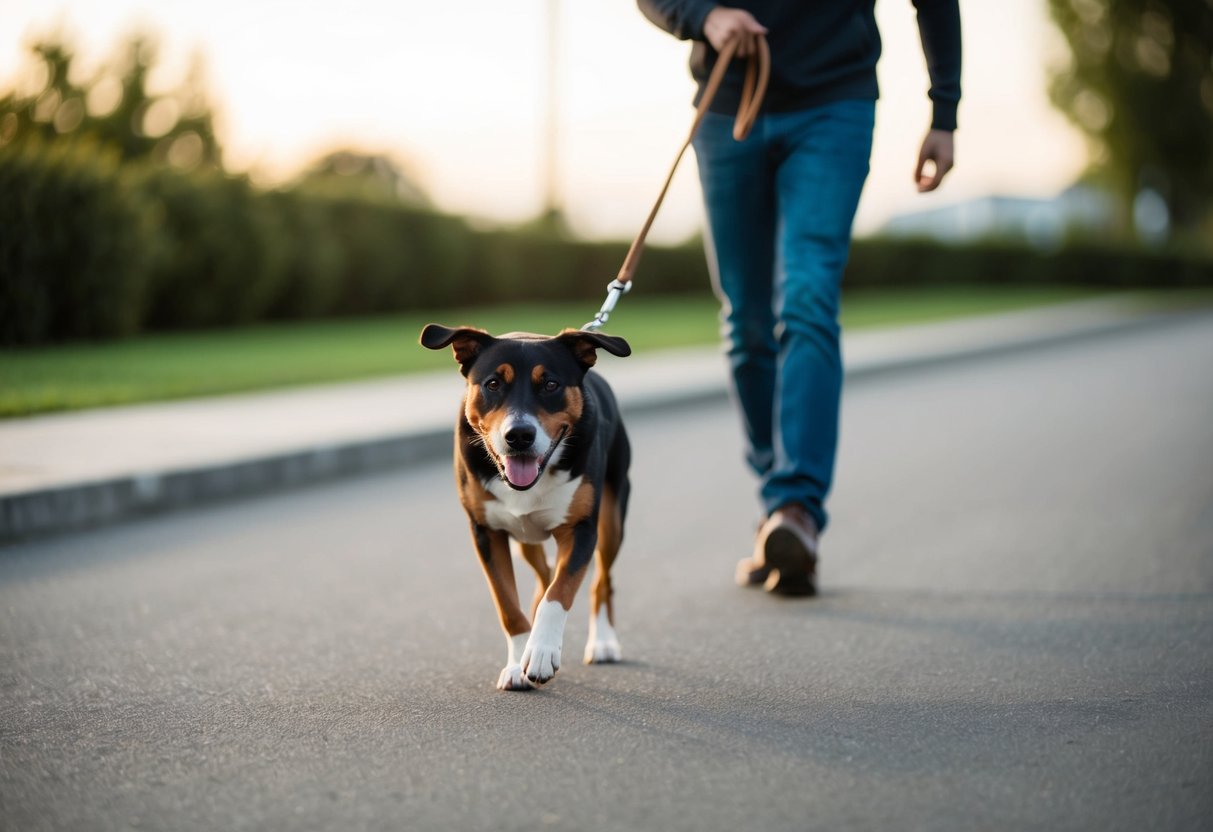 A person walking a dog that pulls on the leash, with the dog's body leaning forward and the leash taut