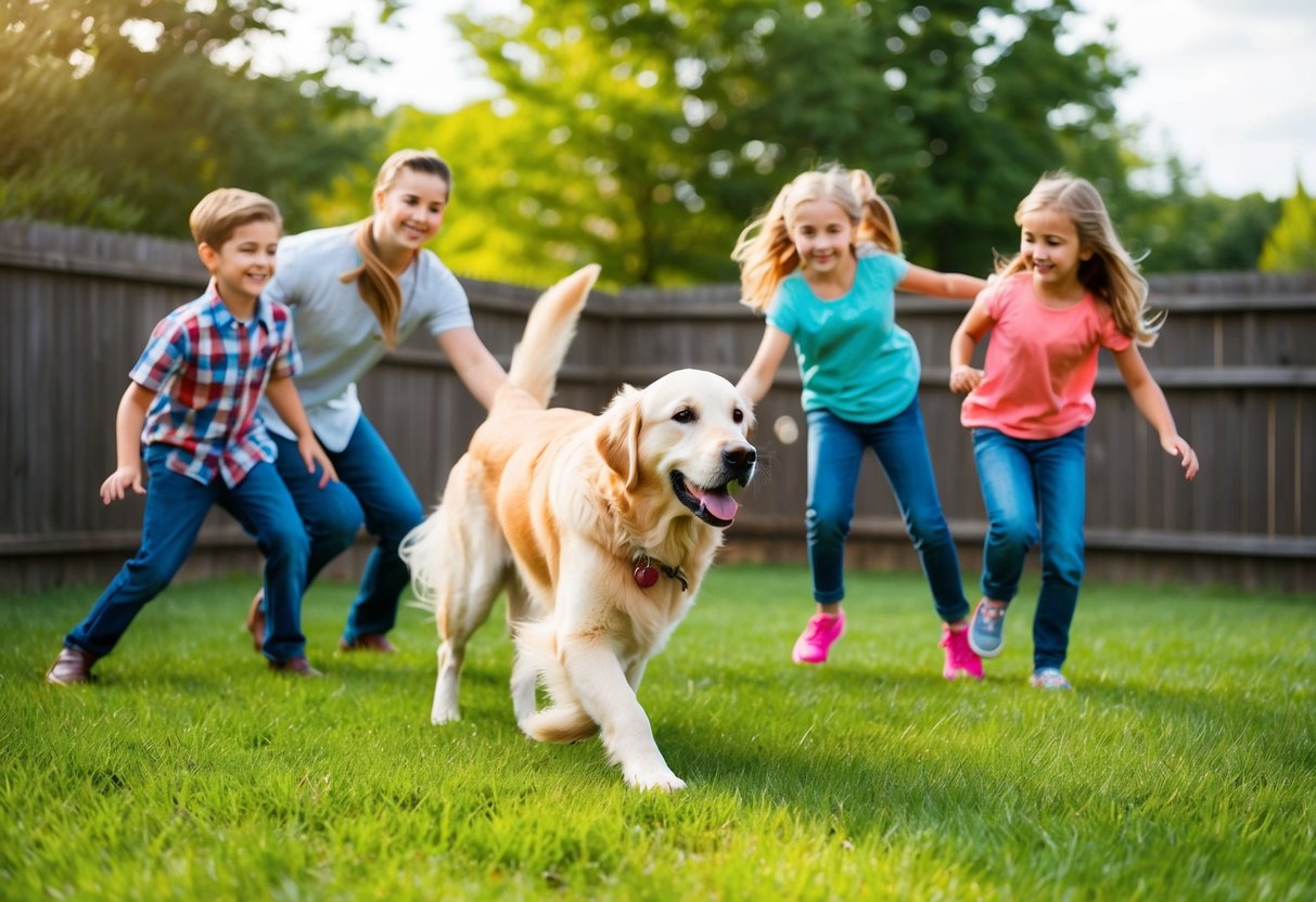 A golden retriever playing with children in a fenced backyard, surrounded by a happy family