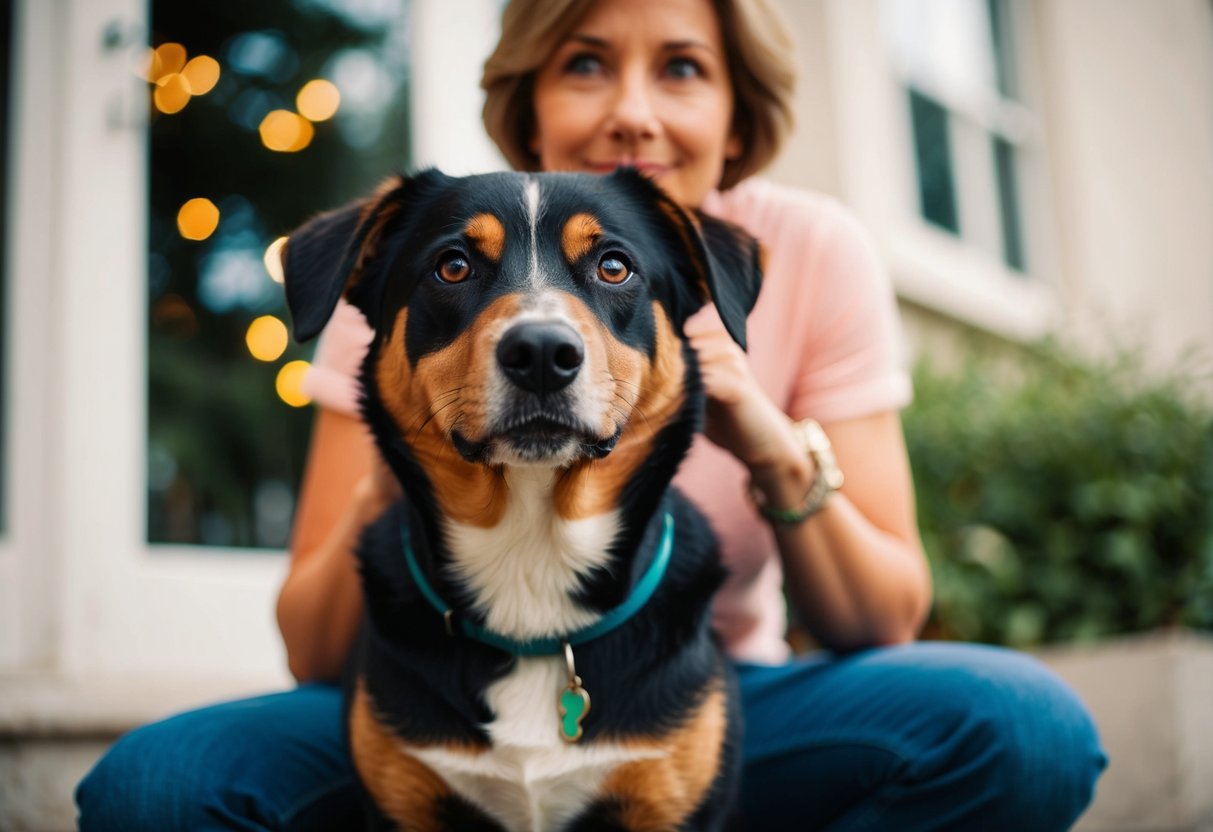 A dog sitting in front of its owner, gazing directly into their eyes with a curious and attentive expression