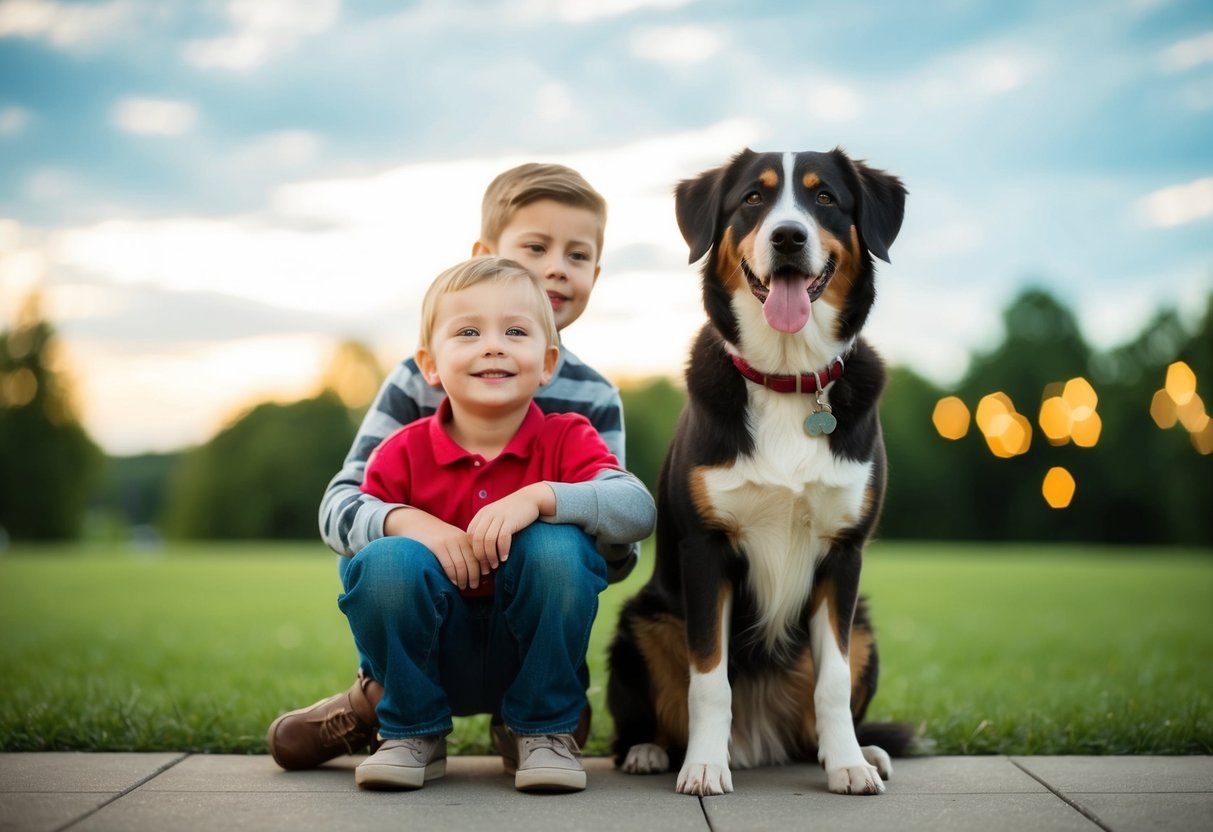 A family dog sitting calmly beside a child, wagging its tail and looking friendly