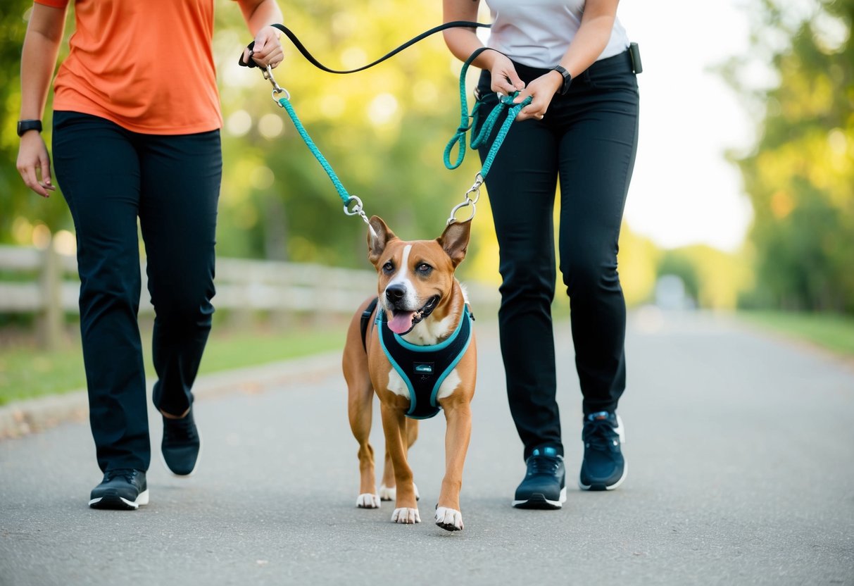 A dog wearing a harness and leash, with a trainer holding the leash and using positive reinforcement techniques to guide the dog's behavior while walking