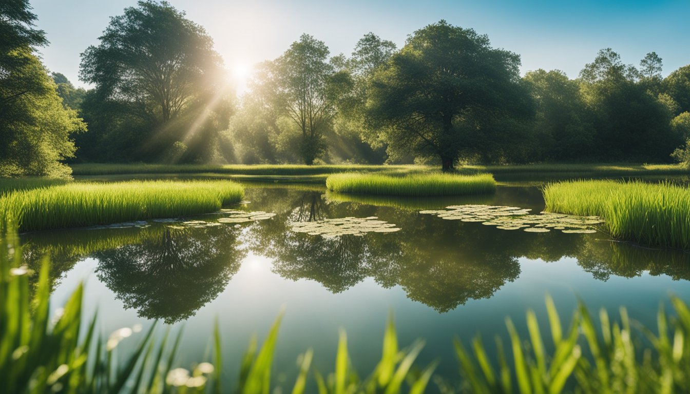 A serene landscape with a tranquil pond surrounded by lush greenery, with a clear blue sky and gentle sunlight casting a peaceful atmosphere