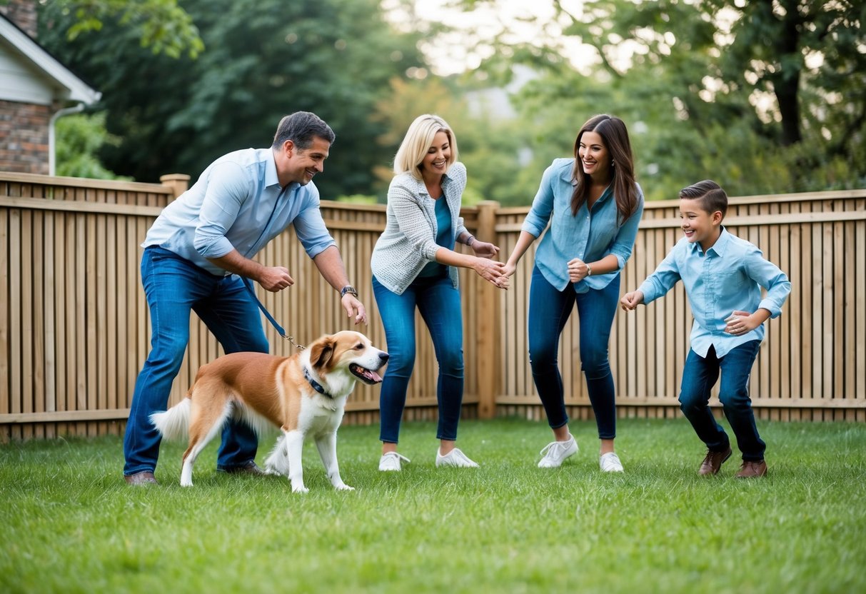 A family playing in a fenced backyard with a friendly, medium-sized dog. The dog is wagging its tail and interacting with the family members