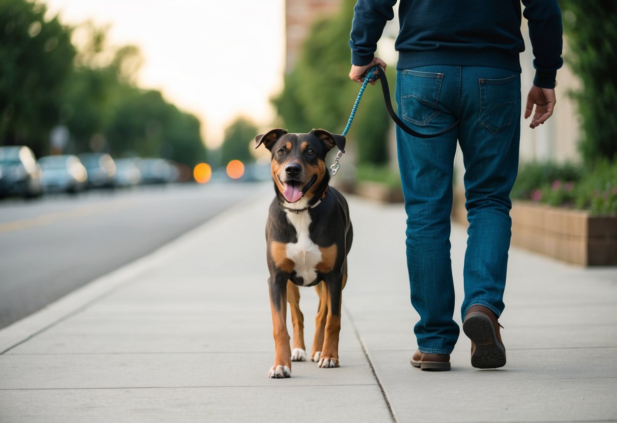 A dog walking calmly beside its owner on a sidewalk, with a loose leash and no pulling