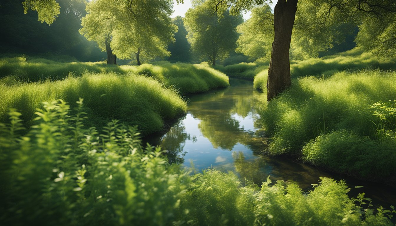 A serene nature scene with a tranquil stream, lush greenery, and a clear blue sky, evoking a sense of peace and mindfulness