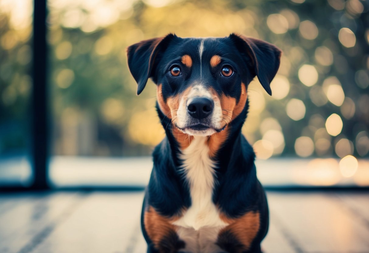 A dog sitting and staring directly at the viewer with a curious expression on its face