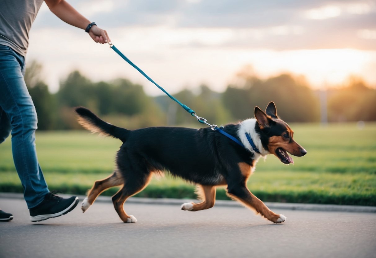 A person walking a dog that pulls on a leash, struggling to maintain control as the dog lunges forward