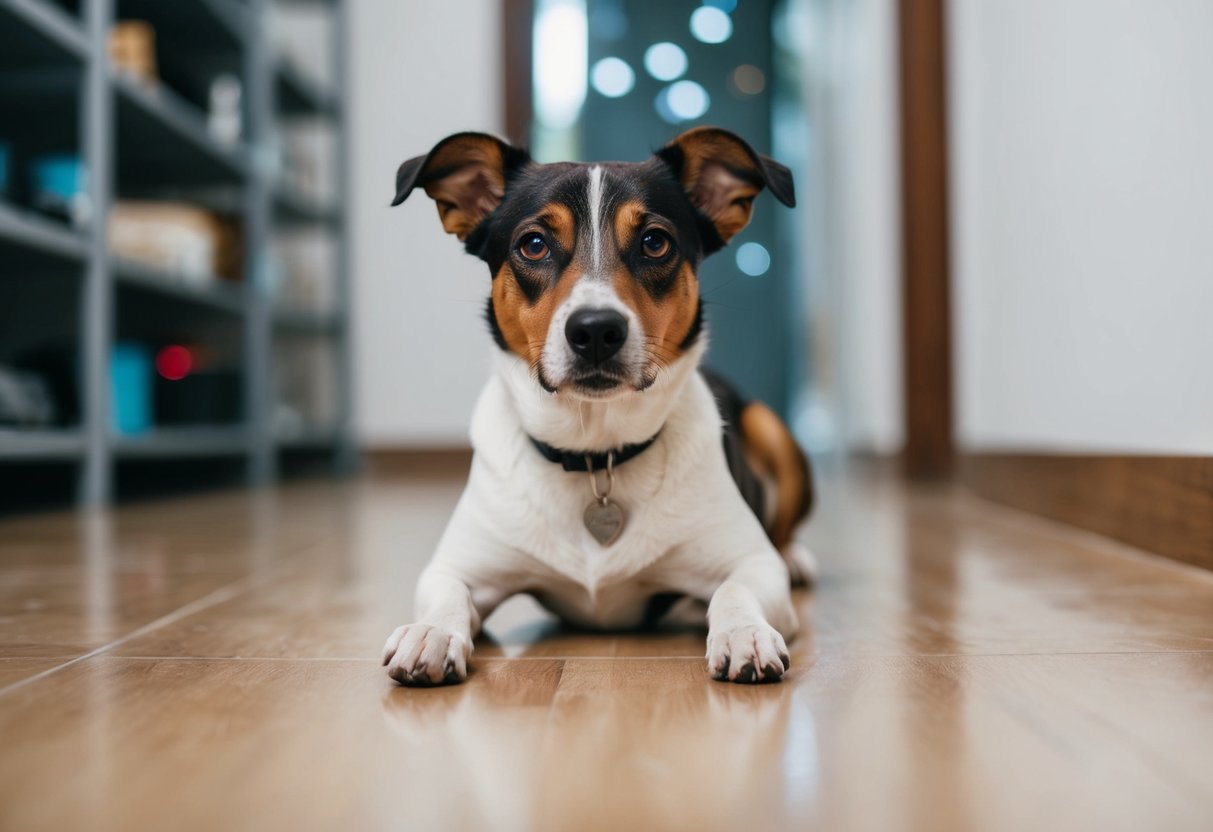 A dog sitting on the floor, gazing directly at the viewer with a curious and attentive expression