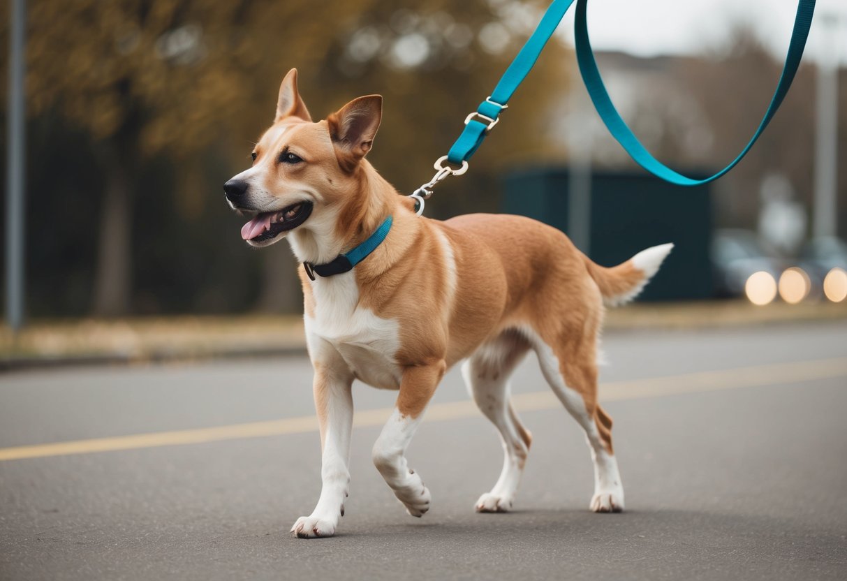 A dog walking calmly on a leash, with a relaxed posture and no tension on the leash