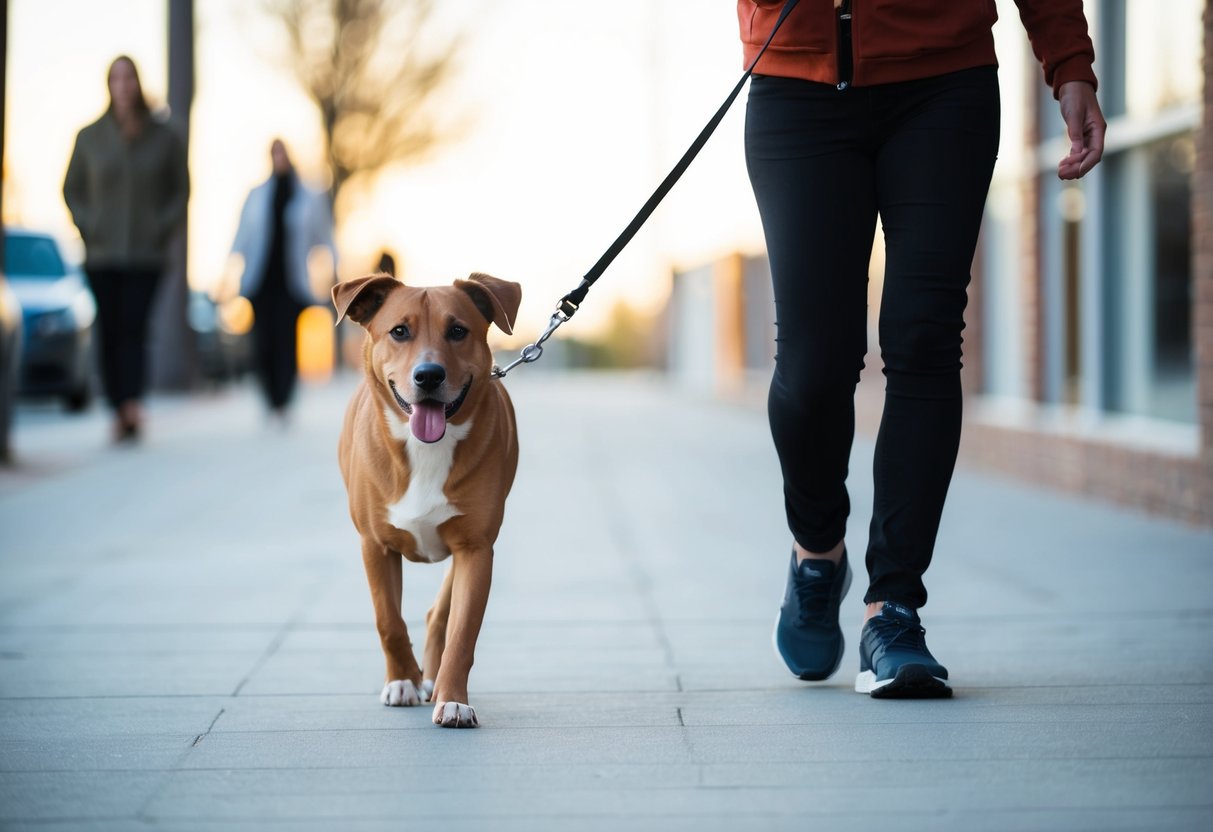 A dog walking calmly on a leash next to its owner, with a relaxed posture and no pulling