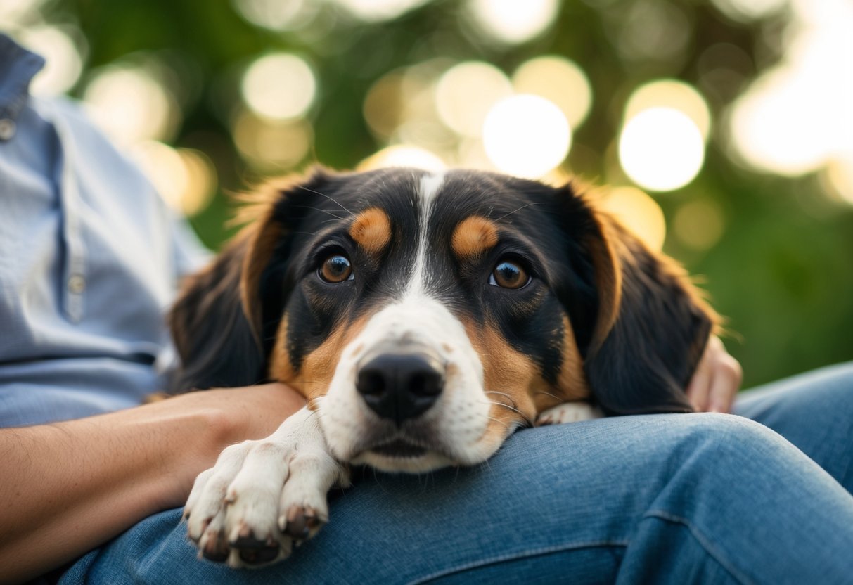 A dog resting its head on its owner's lap, looking up with adoring eyes