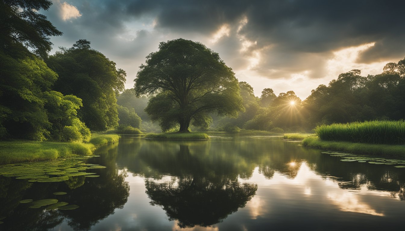 A serene landscape with a tranquil pond surrounded by lush greenery, with a beam of light breaking through the clouds, evoking a sense of peace and spiritual connection